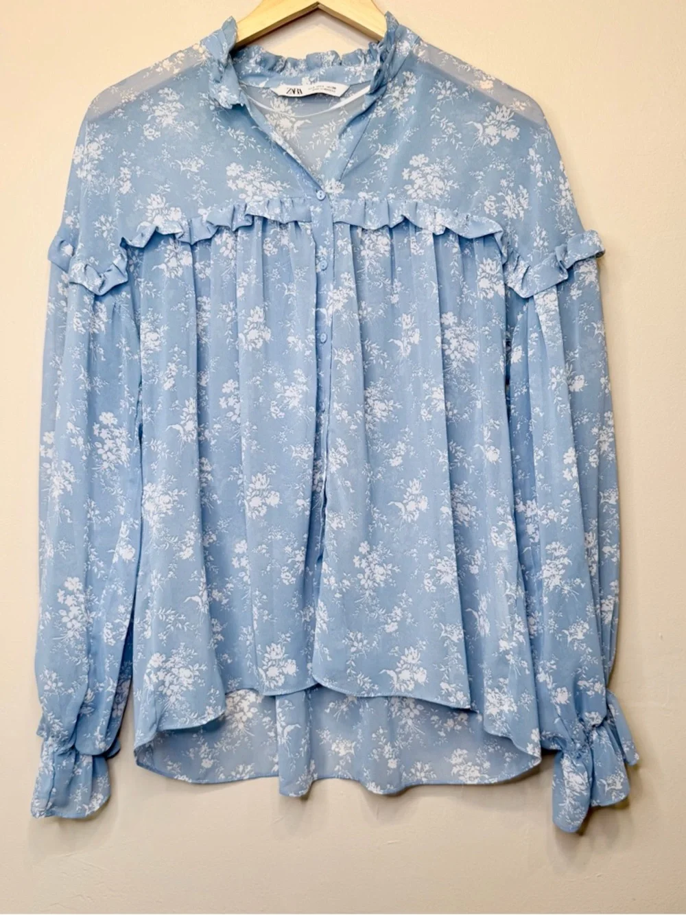 ZARA | Floral Pattern Feminine Ruffled Semi Sheer Breezy Relaxed Blouse - Picture 4 of 15